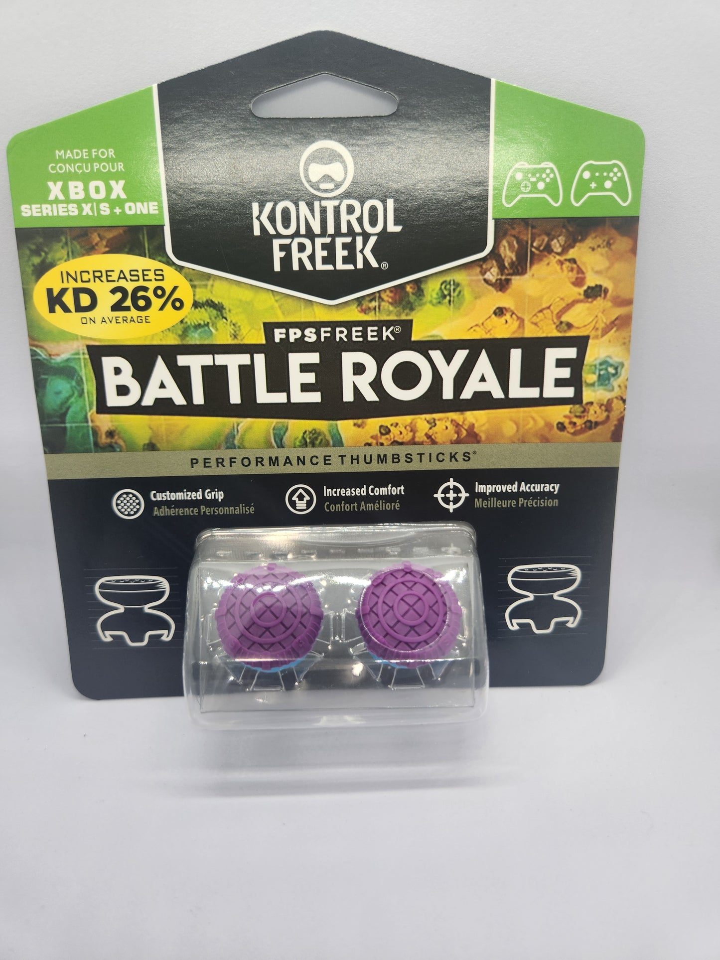 KontrolFreek Battle Royale thumbstick wrap packaging with purple thumbsticks on a white background