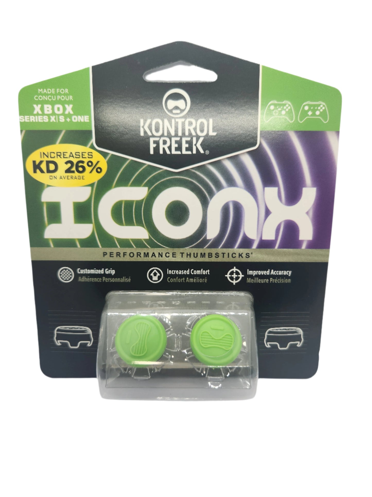 Kontrol Freek gaming thumbstick packaging with green and black design on a white background