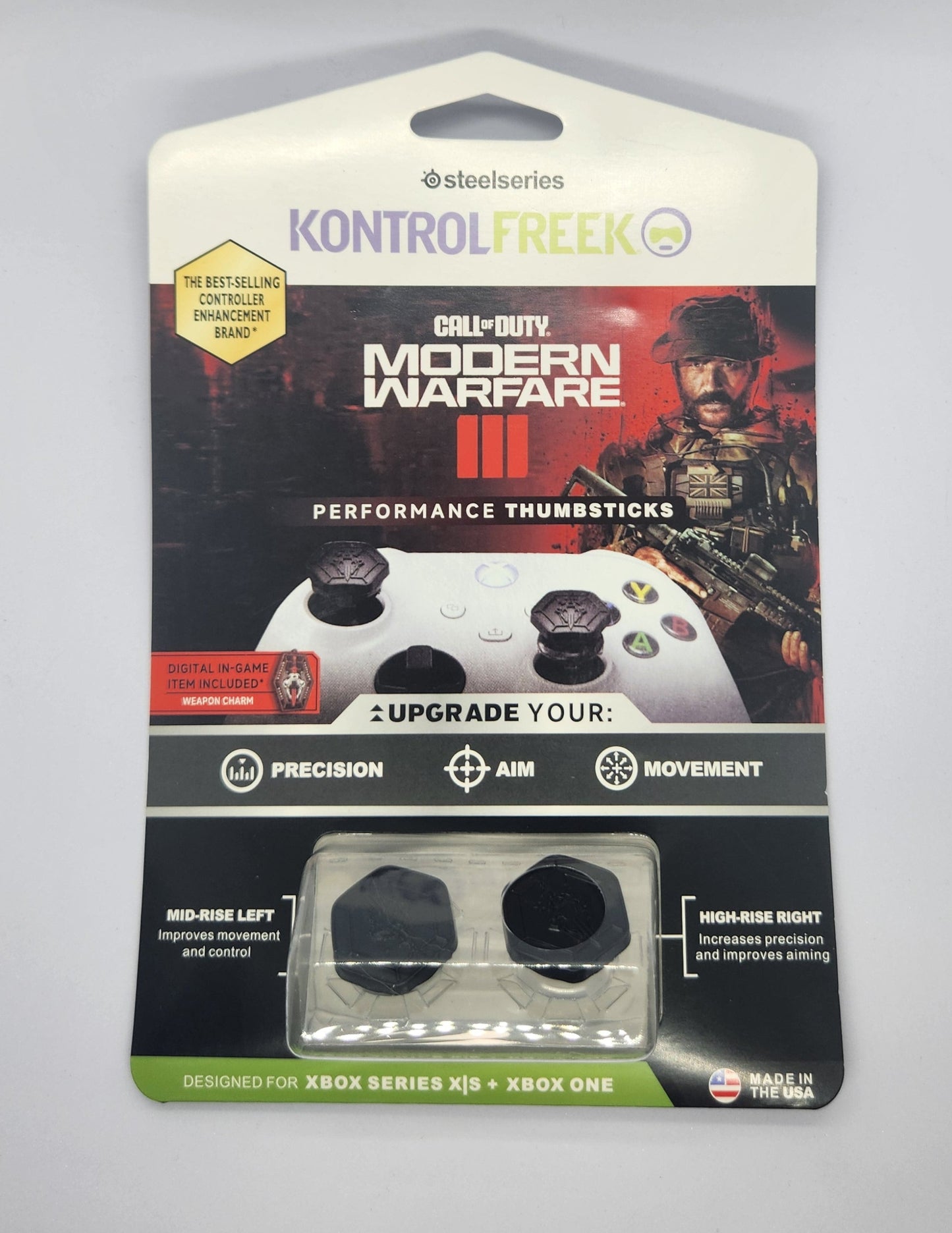 Gaming controller thumbstick packaging with 'Modern Warfare III' branding on a white background