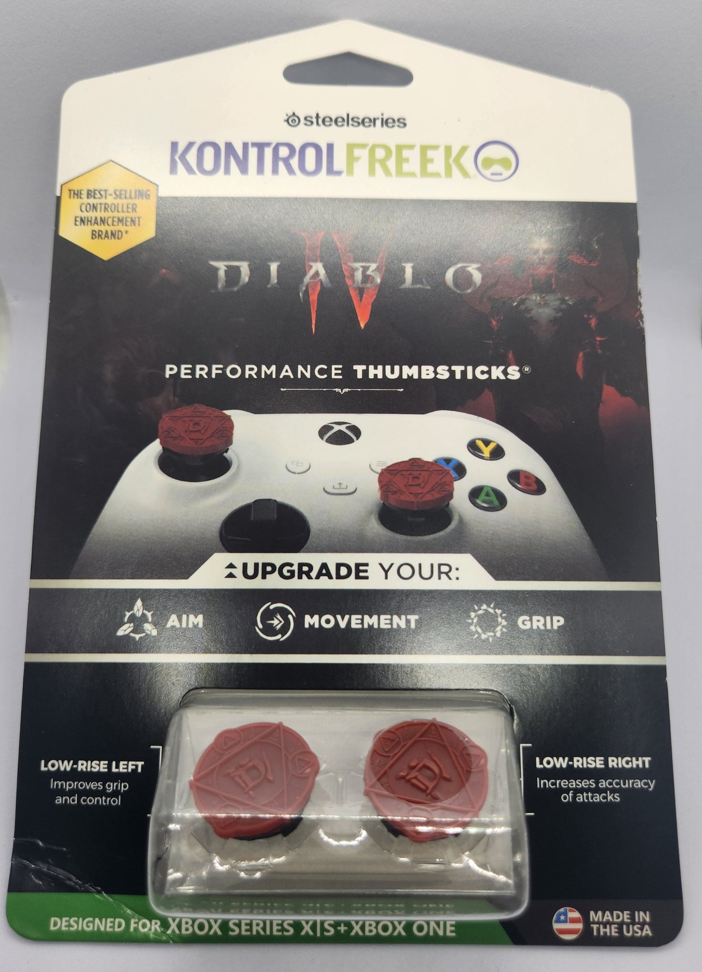 KontrolFreek performance thumbsticks packaging with red thumbsticks on a gray background