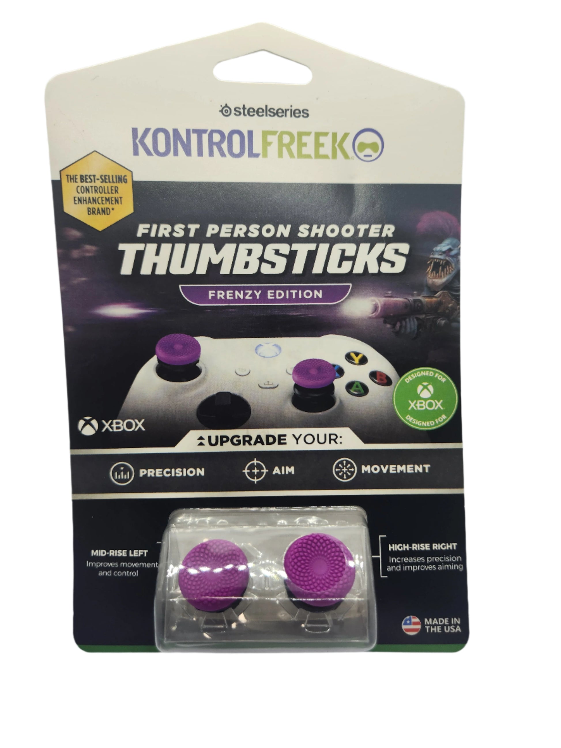 KontrolFreek thumbstick packaging for Xbox with purple buttons on a white background