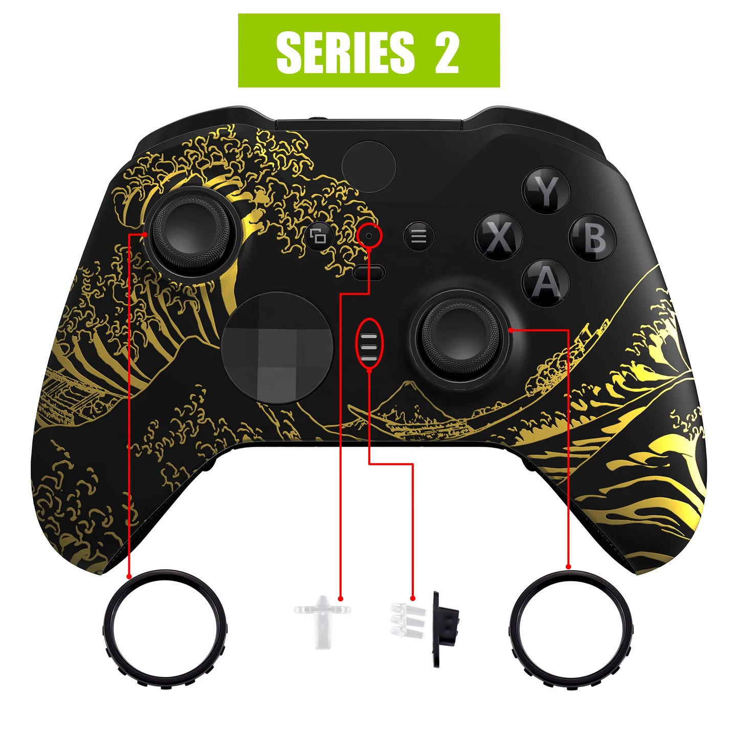 The Great GOLDEN Wave Off Kanagawa - Black Front Housing Shell & Accent Rings for Xbox One Elite Controller Series 2