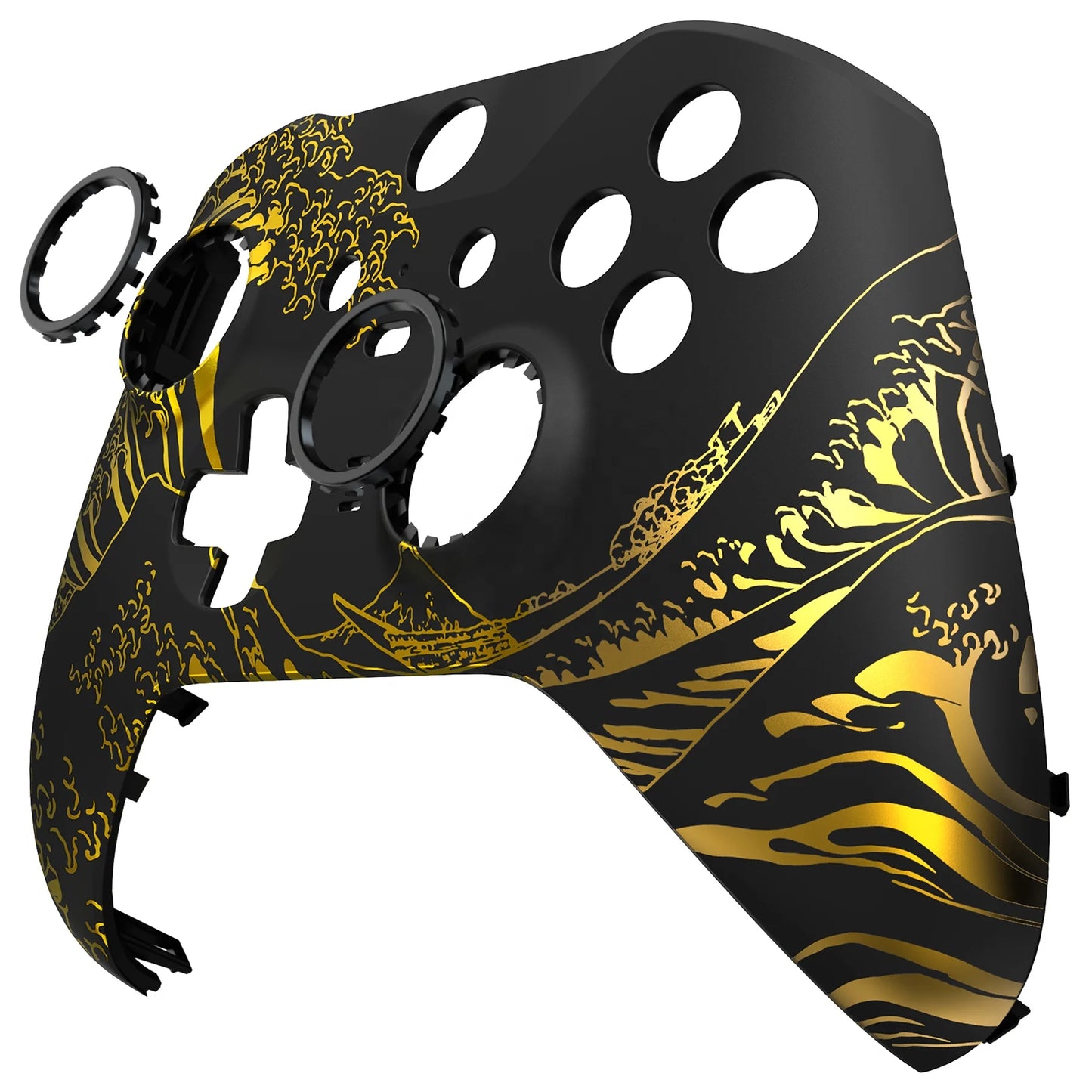 The Great GOLDEN Wave Off Kanagawa - Black Front Housing Shell & Accent Rings for Xbox One Elite Controller Series 2