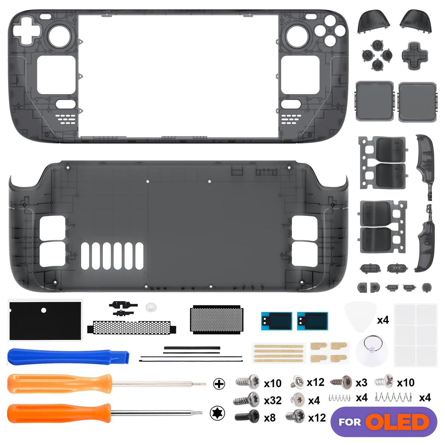 eXtremeRate Replacement Full Set Housing Shell W/Buttons for Steam Deck OLED, Clear DIY Faceplate Back Plate Trackpad Case
