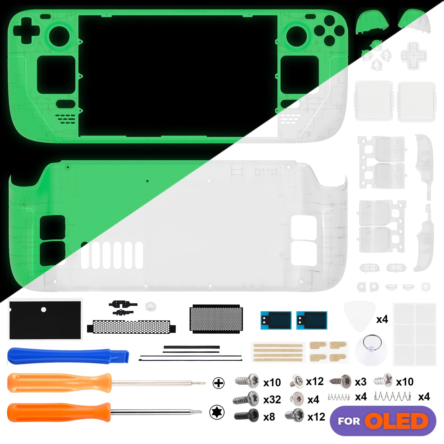 eXtremeRate Replacement Full Set Housing Shell W/Buttons for Steam Deck OLED, Clear DIY Faceplate Back Plate Trackpad Case