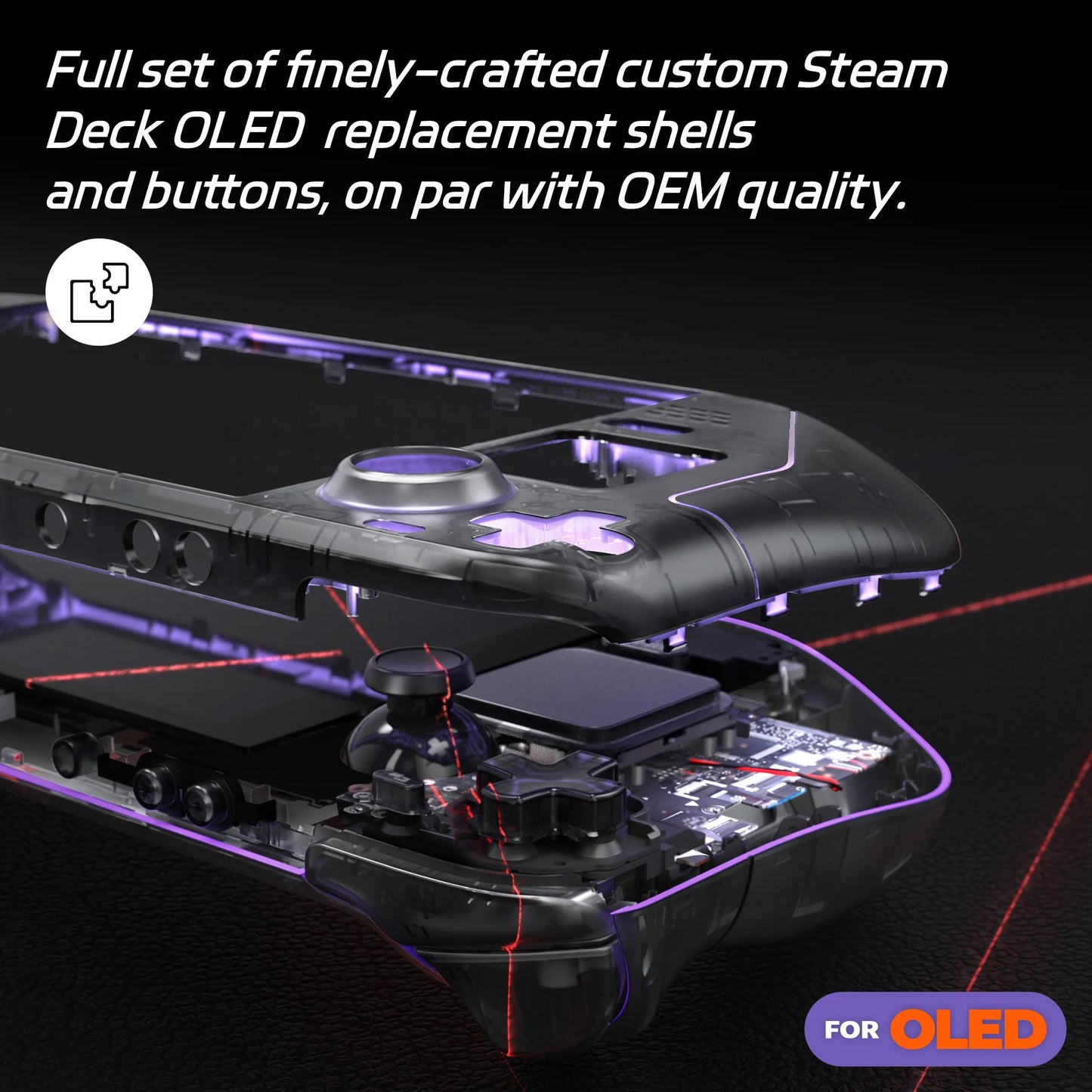 eXtremeRate Replacement Full Set Housing Shell W/Buttons for Steam Deck OLED, Clear DIY Faceplate Back Plate Trackpad Case