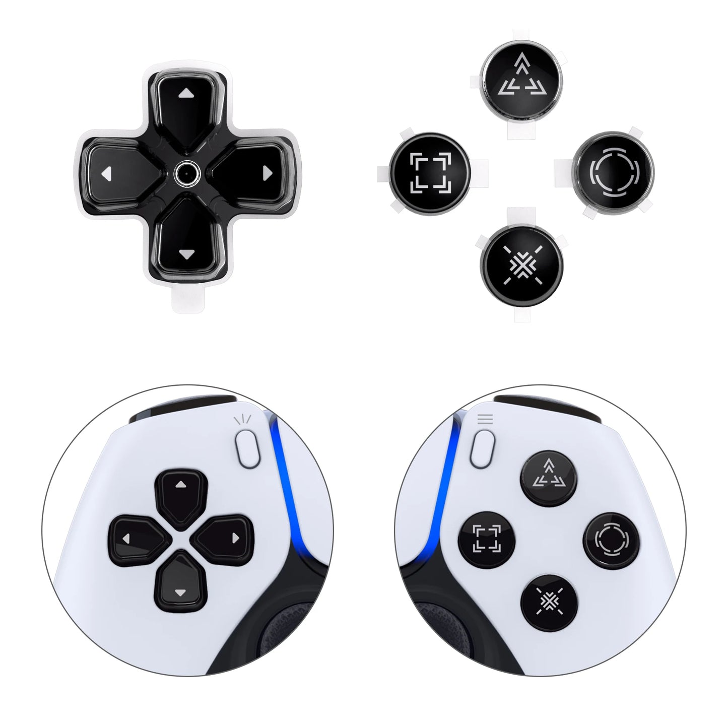 eXtremeRate Custom Dpad Action Buttons Three-Tone Black & Clear with Symbols D-pad Face Buttons Compatible with ps5 Controller