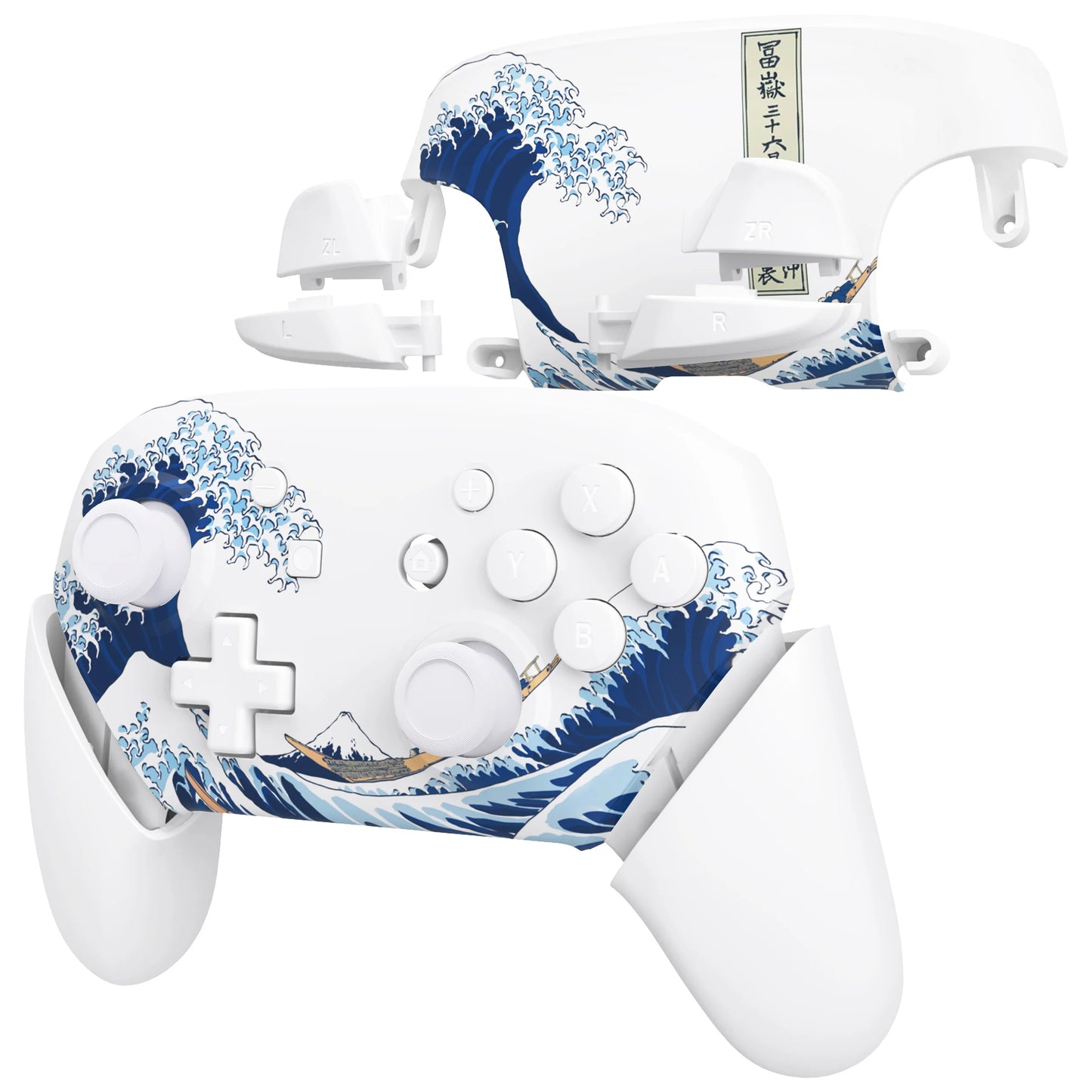 eXtremeRate Faceplate Backplate Grips for Nintendo Switch Pro, The Great Wave Replacement Housing Shell with Full Set Buttons