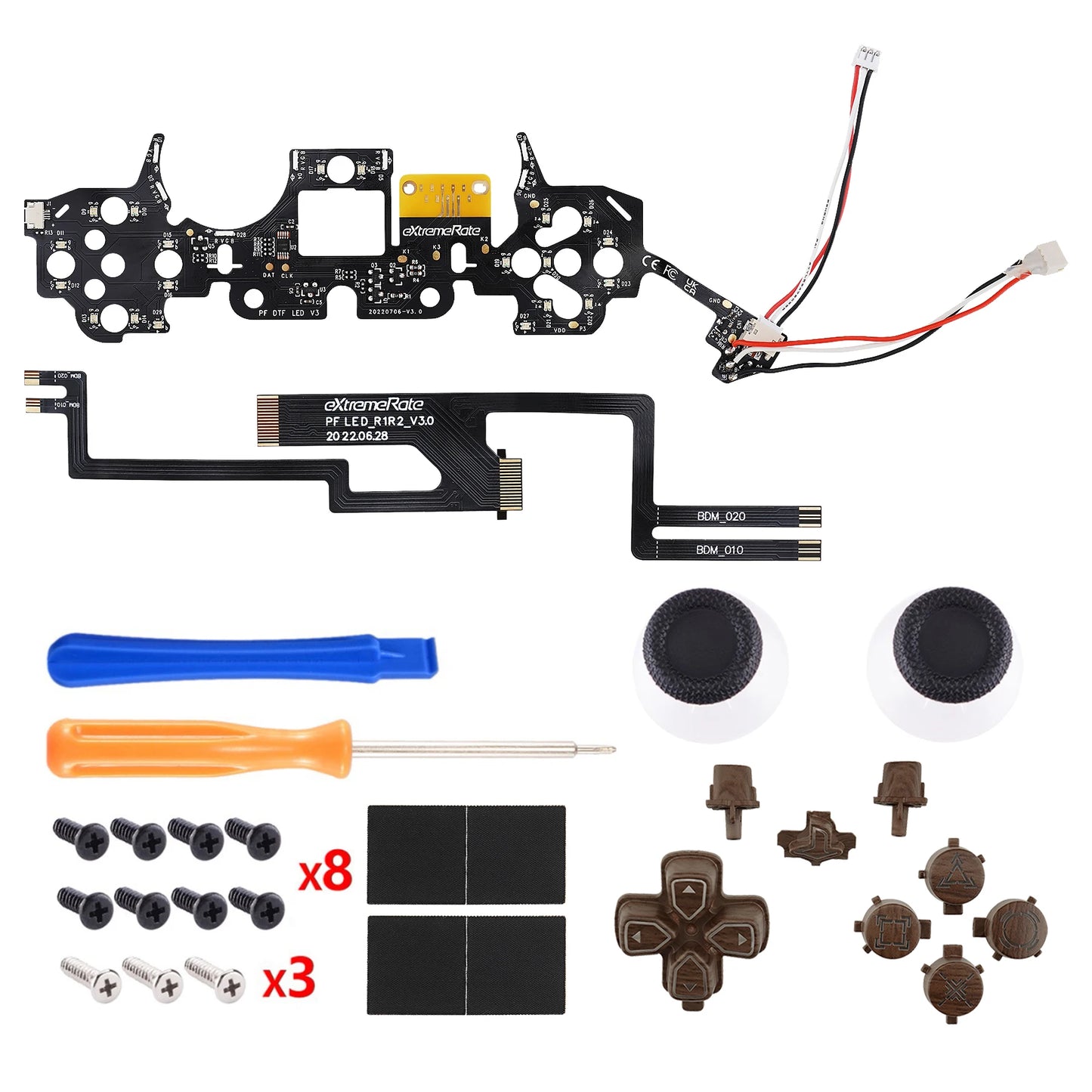 eXtremeRate Multi-Colors Luminated, Classical Symbols DTF V3 LED Kit for PS5 Controller BDM-010 & BDM-020 - Wood Grain