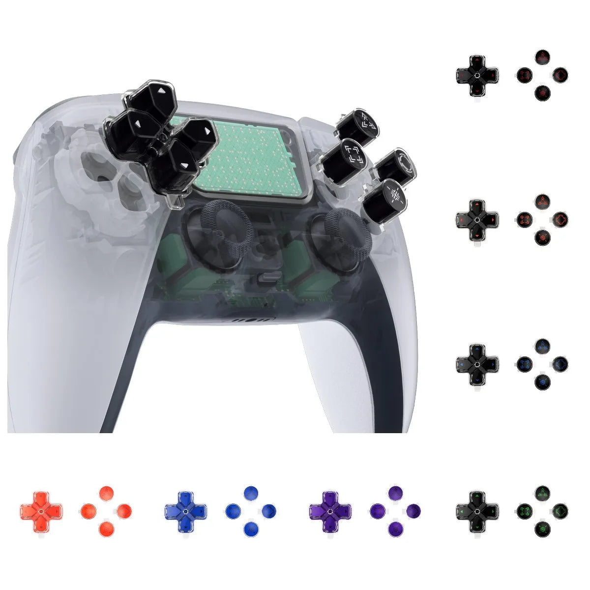 eXtremeRate Custom Dpad Action Buttons Three-Tone Black & Clear with Symbols D-pad Face Buttons Compatible with ps5 Controller