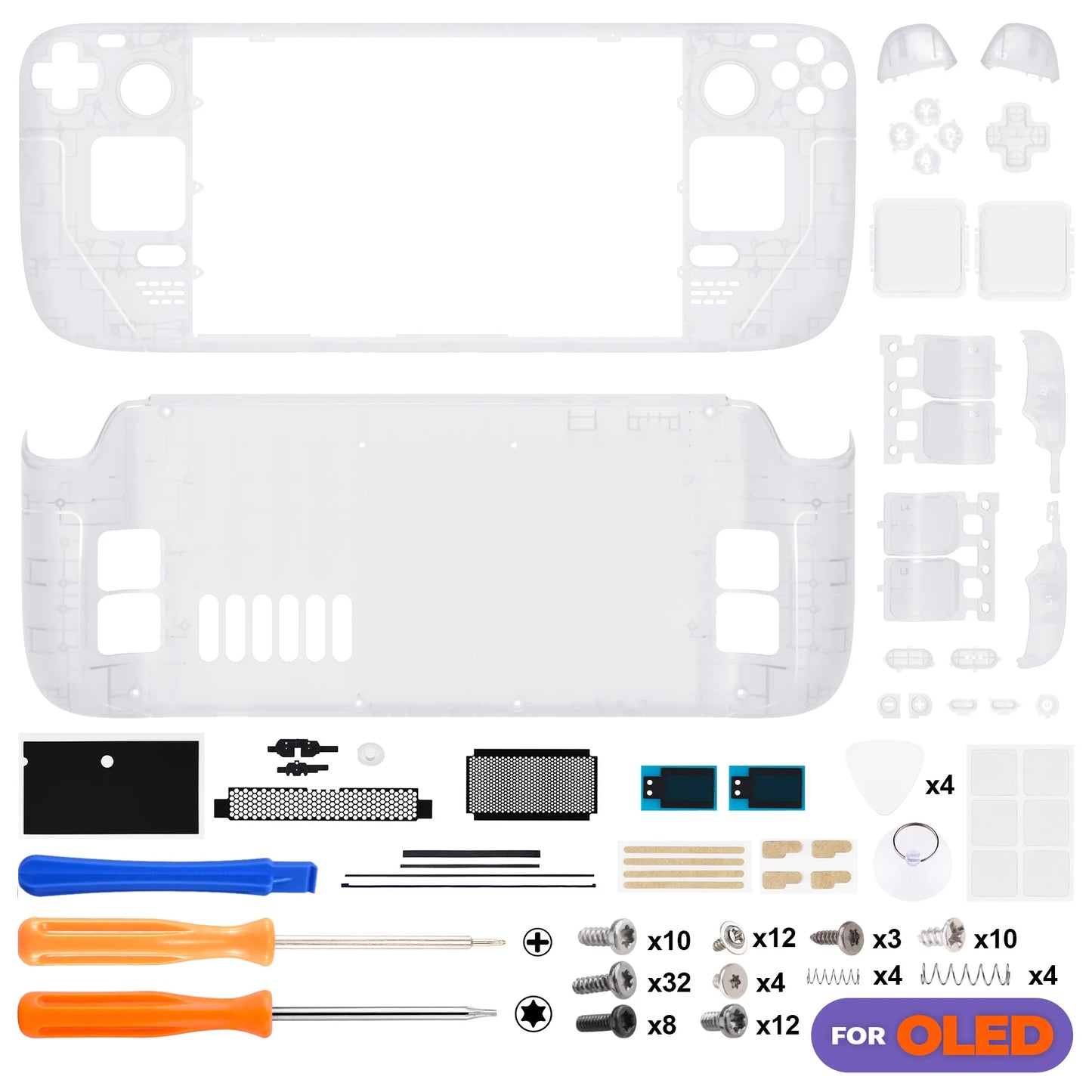 eXtremeRate Replacement Full Set Housing Shell W/Buttons for Steam Deck OLED, Clear DIY Faceplate Back Plate Trackpad Case