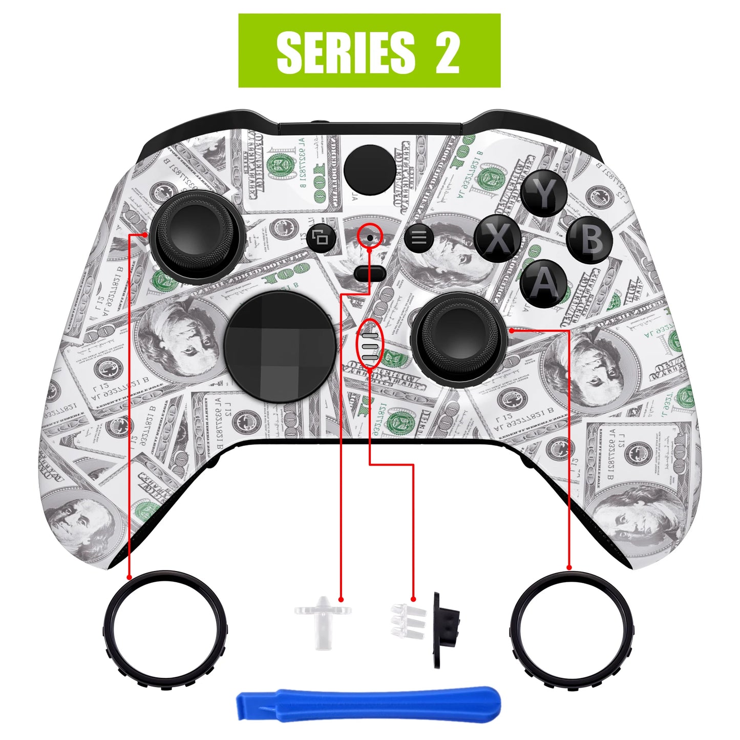 eXtremeRate Soft Touch Faceplate Front Housing Shell Repair Kit for Xbox One Elite Series 2 Controller - The Cash Money