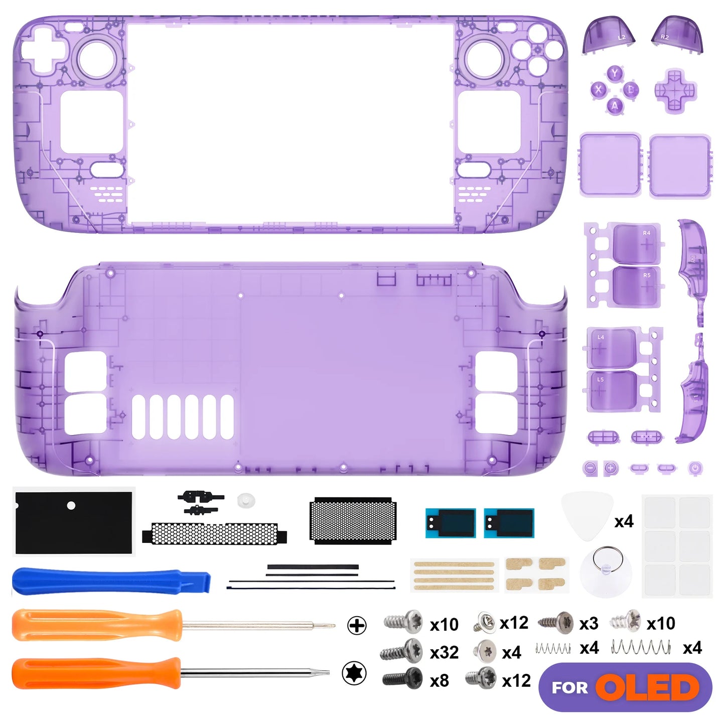 eXtremeRate Replacement Full Set Housing Shell W/Buttons for Steam Deck OLED, Clear DIY Faceplate Back Plate Trackpad Case