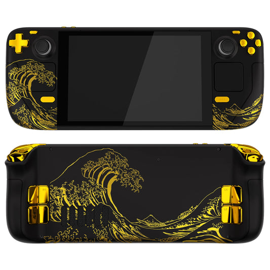 eXtremeRate Replacement Housing Shell Set for Steam Deck LCD, Faceplate Back Plate Shell with Buttons - The Great GOLDEN Wave