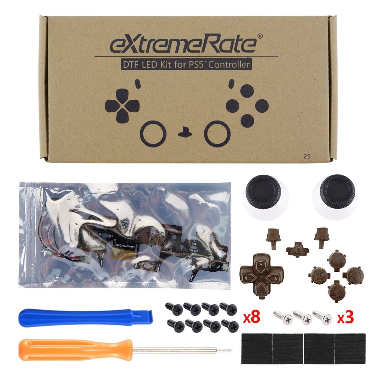 eXtremeRate Multi-Colors Luminated, Classical Symbols DTF V3 LED Kit for PS5 Controller BDM-010 & BDM-020 - Wood Grain